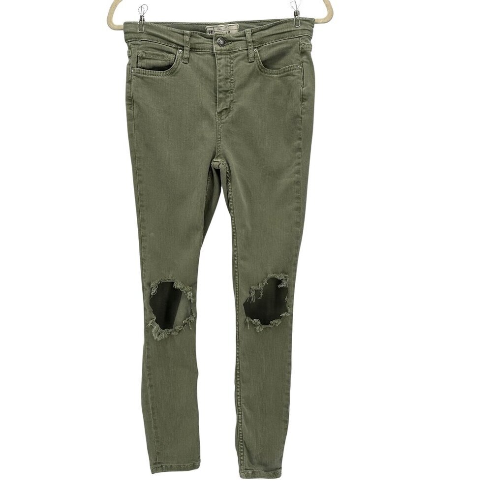 Free People Womens 28 Jeans High Rise Busted Skinny Jeans Moss Green Ripped